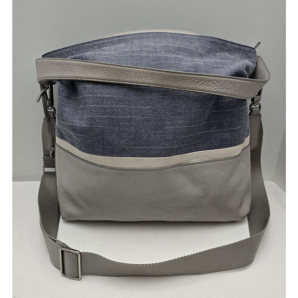 Fossil Maya Gray Denim Hobo Shoulder Bag Purse Pebbled Leather Fabric